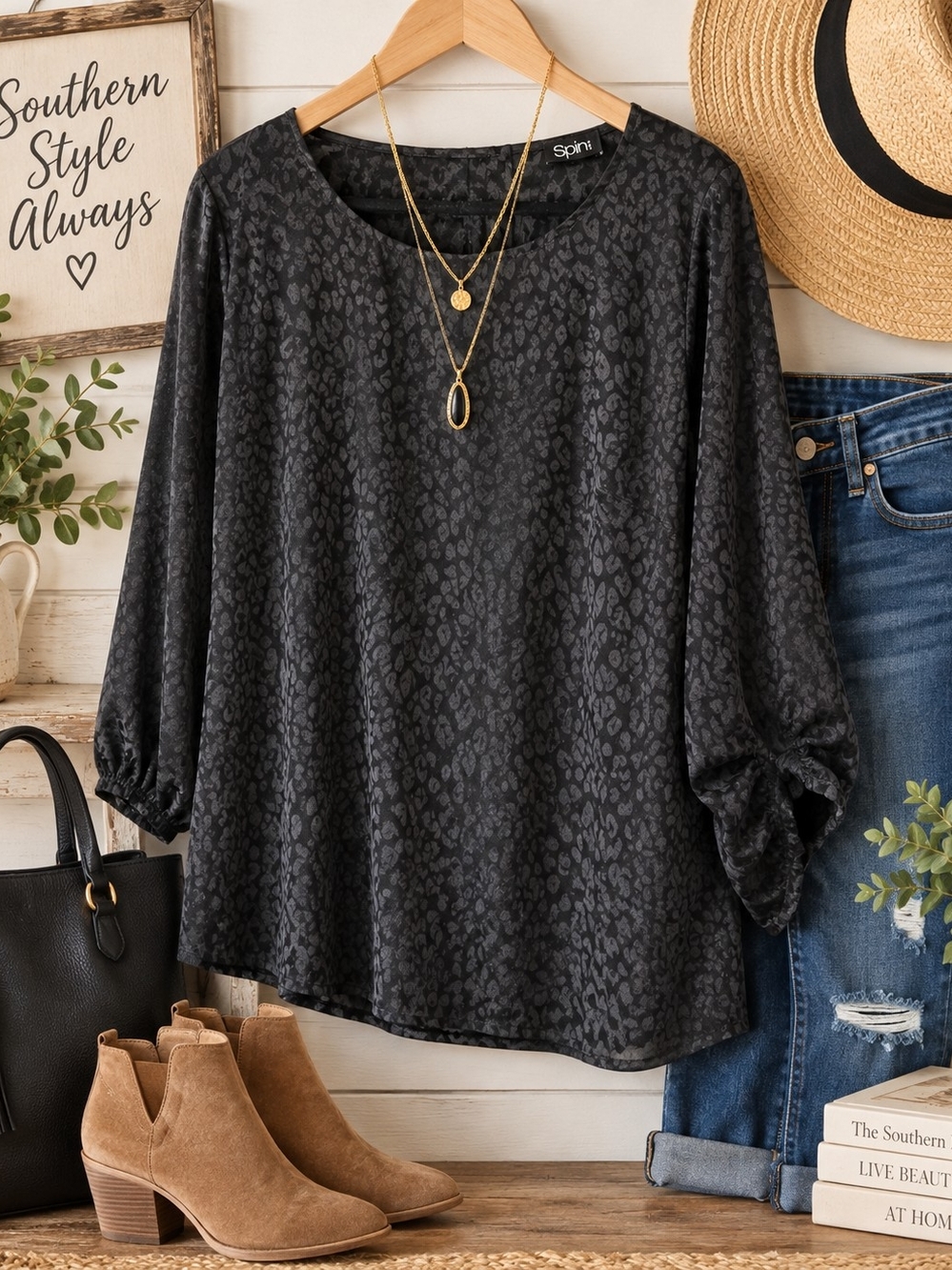 Spin Black Charcoal Leopard Jacquard Blouse – Long Sleeve